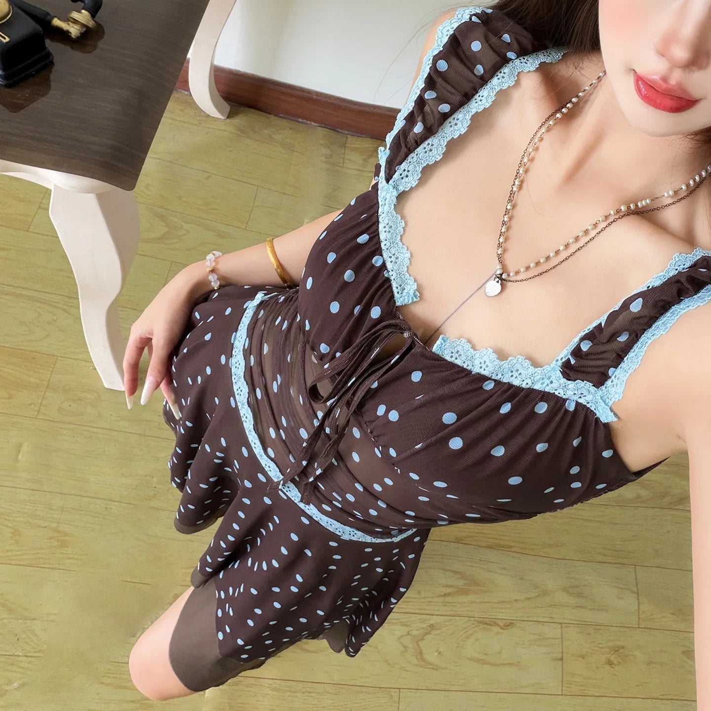 Voguable  Summer Cute Girl's Style Dress Polka Dot Printed Sleevelss Irregular Ruched Hem Slim Women Ruched Birthday Party Mini Dress voguable