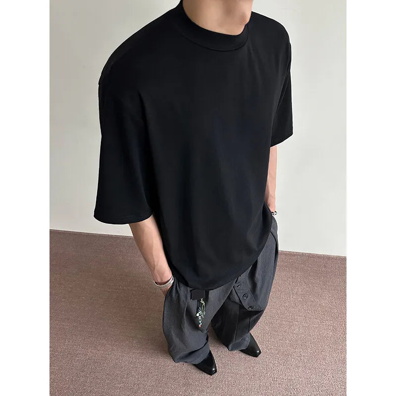 Men Cotton Short Sleeve Tshirt Breathable Soft Round Semi High Neck Solid Color Summer Comfort Casual Tee Lightweight Top voguable