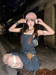 Voguable  2000s Vintage Denim Y2k Mini Dress Women  Elegant Jean Strap Dress Casual Streetwear Sleeveless Dress Korean Fashion Chic voguable