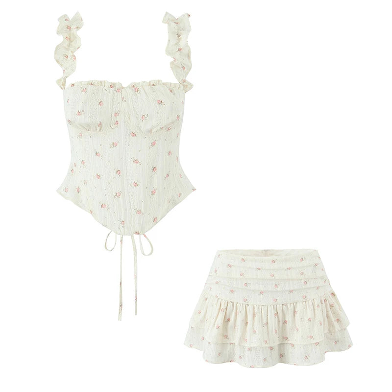 Sweet Girl Floral Print Layer Cake Mini Skirt Women Pleated Sexy Low Waist A-line Holiday Summer Skirts voguable