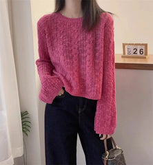 Cable Knit Crop Sweater for Women Long Sleeve Crew Neck Pullover Boxy-fit Plain Jumper Teen-girl Fall Winter Y2K Outfit voguable