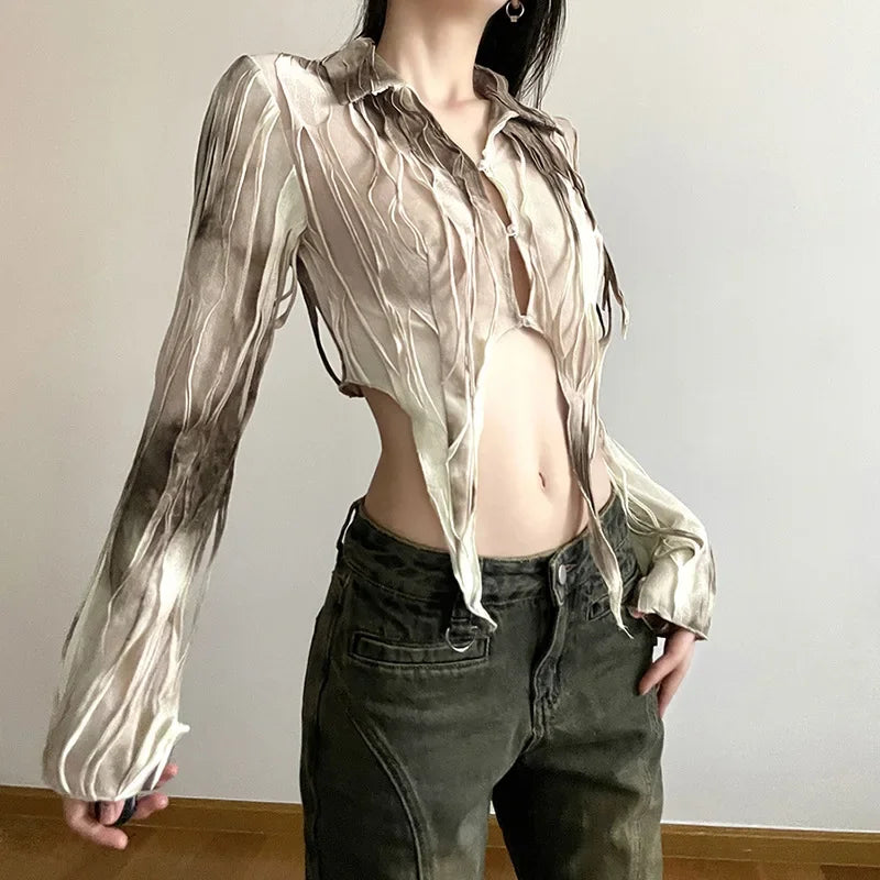 Goth Dark Tassel Tie Dye Fairy Grunge Sexy Blouses Gothic Vintage Y2k Frayed Women Crop Tops Streetwear Long Sleeve Slim T-shirt voguable