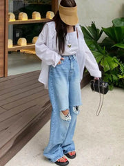 Vintage Streetwear Hole Jeans Women Fashion Loose Wide Leg Pants Summer Casual All Match Female Korean Straight Denim Trousers voguable