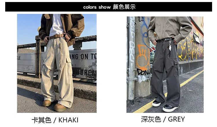 Mens Casual Workwear Cargo Pants Loose Fit Straight Wide Leg Multi Pocket Utility Tactical Outdoor Hiking Durable Heavy Duty voguable