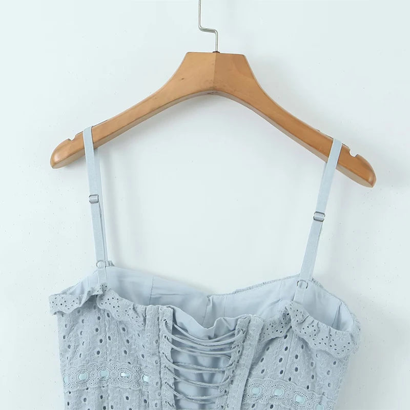 Voguable Summer Women Light Blue Sexy Hem Slit Sling Dress Lacing Up Bandage Back Female Midi Party Dress Robe voguable