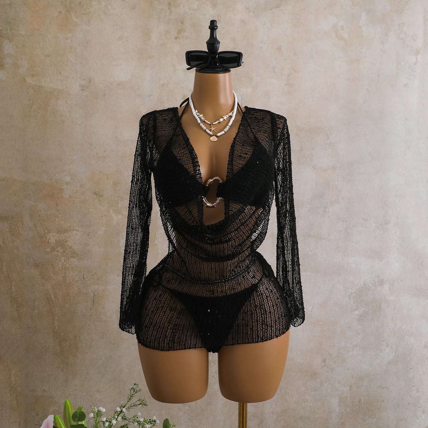 Voguable  Women's 3 Piece Swimsuit Set Ring Linked Halter Bikini with Sheer Mesh Cover Up Dress Long Sleeve Beach Outfit Swimwear voguable