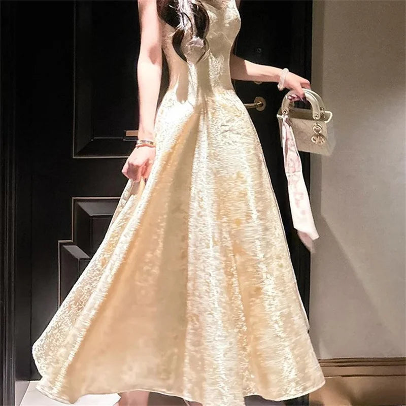 Vintage A-Line Jacquard Party Dresses Women Jacquard Spaghetti Strap Big Swing Dress Luxury Sleeveless Vestidos 270A voguable