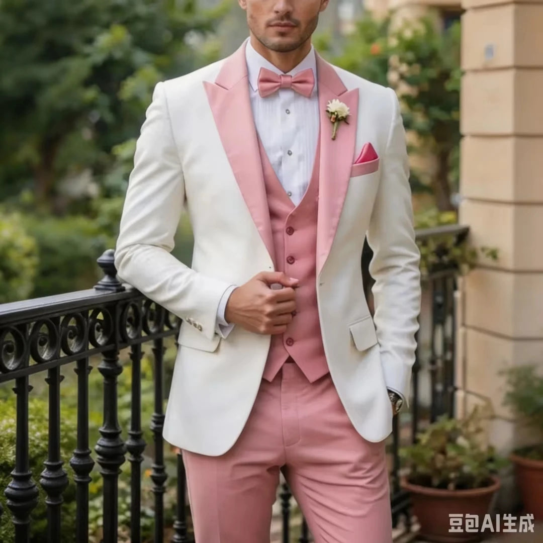 Voguable  Men Suit White 3 Pieces Single Button With Lapel For Wedding Birthday Banquet Party Business Work Office Jacket Vest Pant voguable