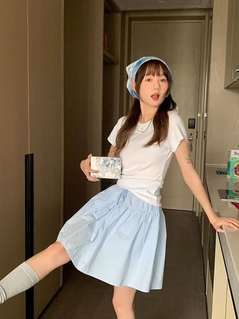 Cotton Casual Short A-line Skirt for Women High Waist Blue Elastic Waist Tie bow Sweet Loose Sports Skirt with Safety Shorts voguable