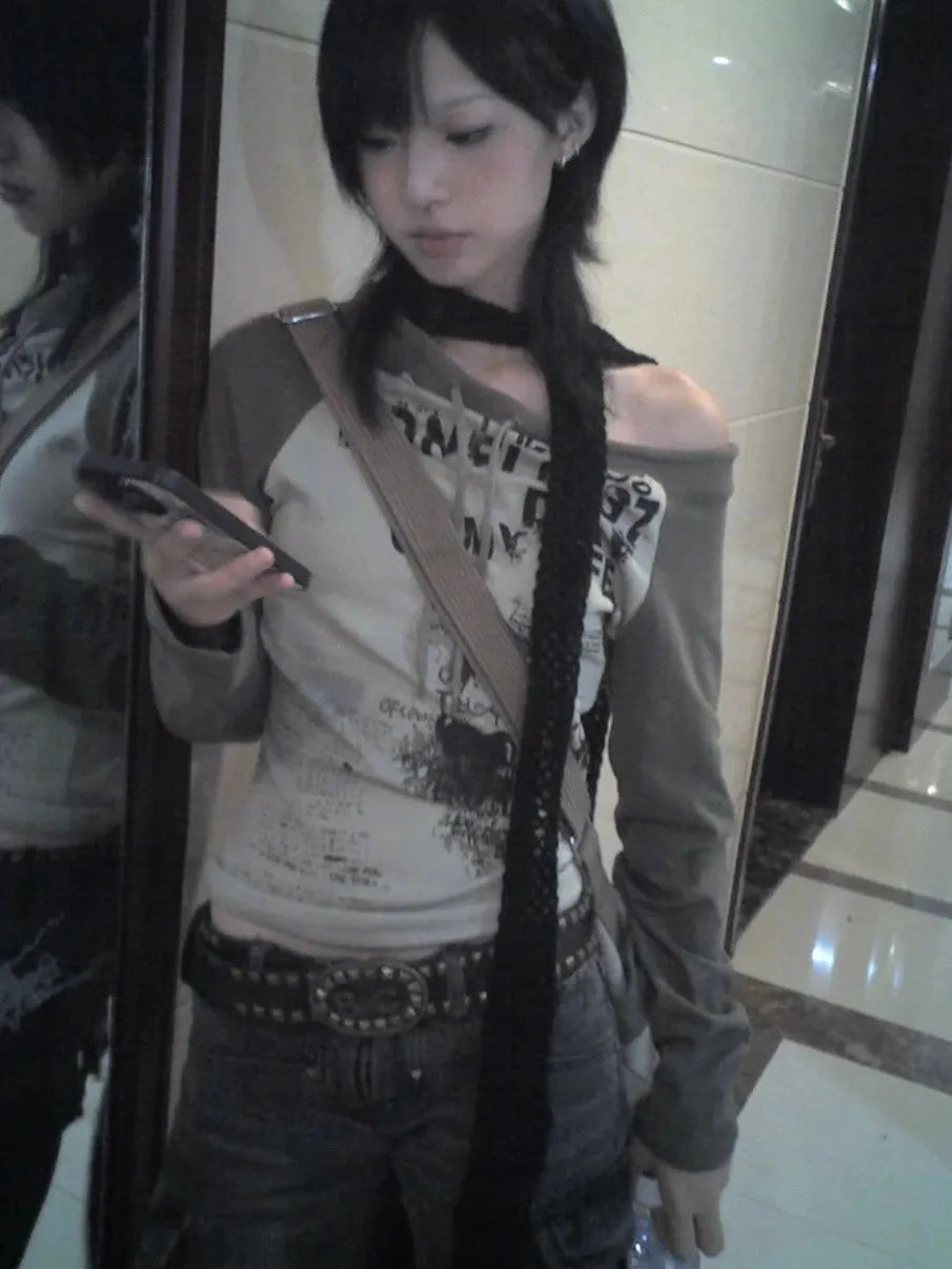 Japanese Y2k Off Shoulder T-shirt Grunge Aesthetics Graffiti Print Long Sleeve Tee Shirt Vintage Harajuku Streetwear 90s voguable