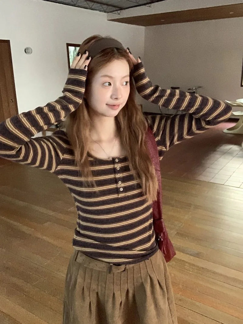 Slim Y2K Striped T Shirt Women Streetwear American Long Sleeve Retro Tees Fall Sexy U Neck Female Harajuku Vintage Tops New voguable