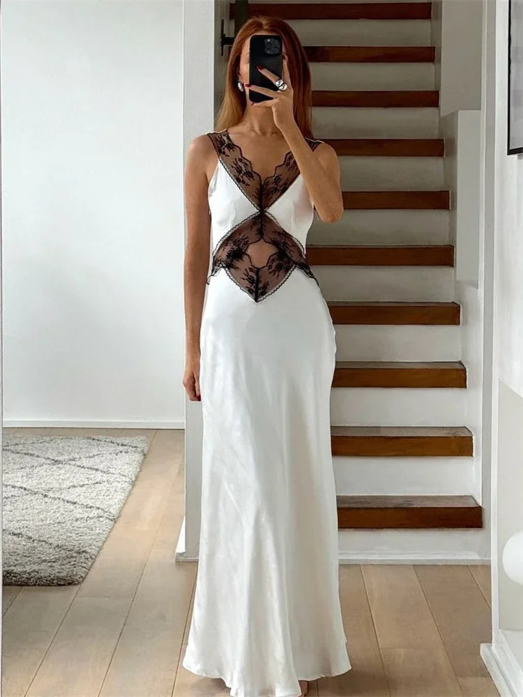 TARUXY Elegant Lace Backless Hollow Maxi Dress For Women V Neck Patchwork Fashion Print High Waist Party Dress Female Long Dress voguable