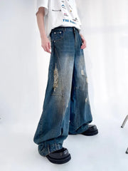 Voguable Hip Hop Ripped Jeans Men High Street Male Distressed Denim Wide Leg Pants Casual Trousers Vintage Streetwear Loose voguable