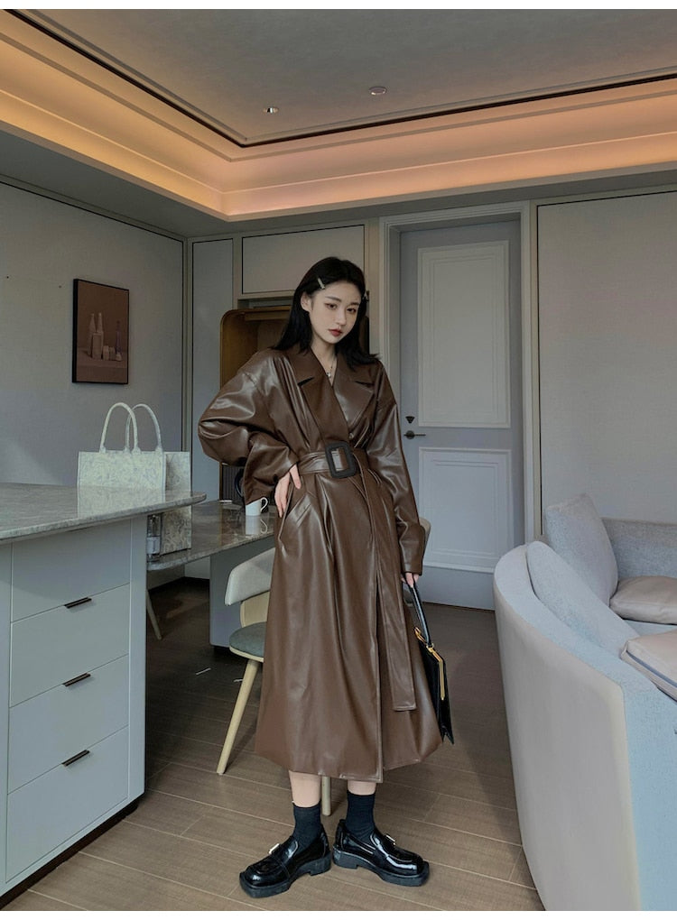 Long oversized leather trench coat for women long sleeve lapel loose fit Fall Stylish black women clothing streetwear voguable