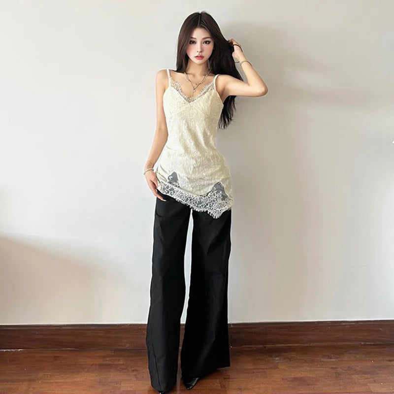 Lace Patchwork V-Neck Camis Women Y2K Summer Sexy Spaghetti Straps Sleeveless Tank Korean Fashion Irregular Female Vest voguable