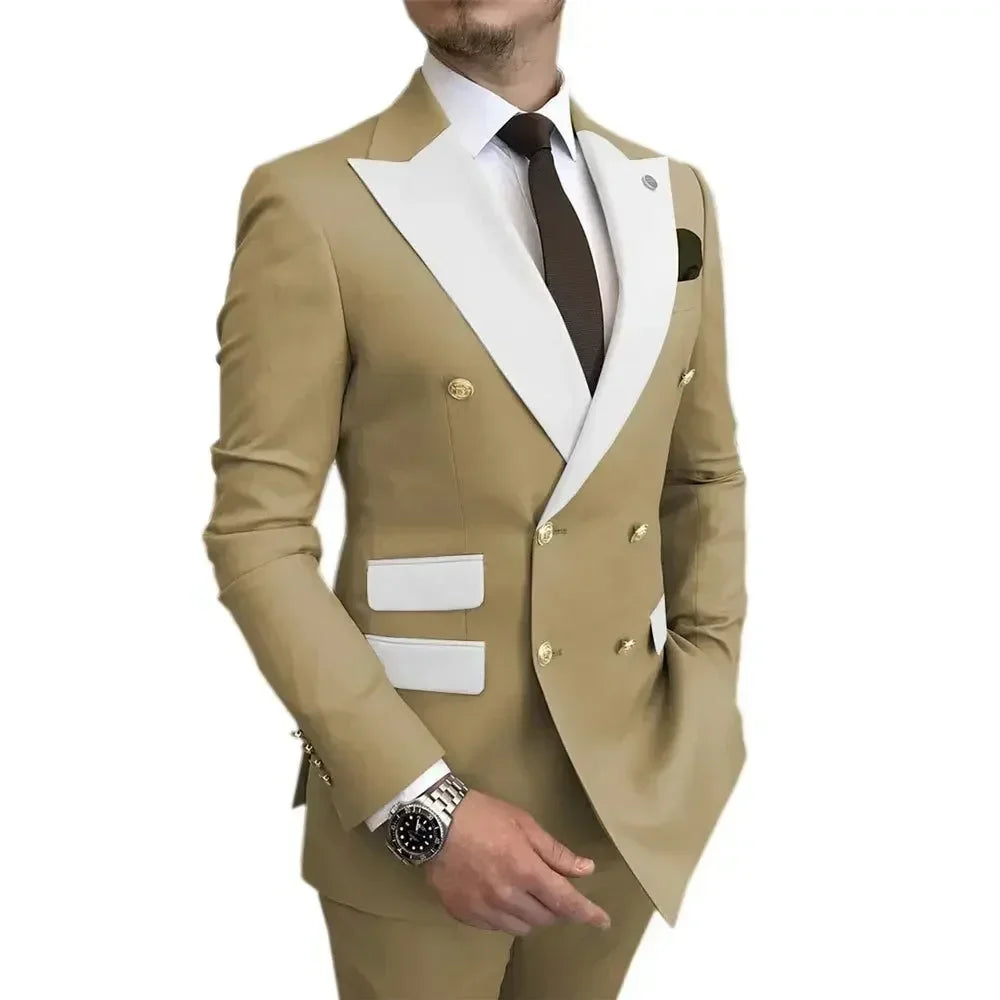 Voguable  Men's Modern Slim Fit Double Breasted Tuxedo Suit with Peak Lapel for Wedding Business Evening Party voguable