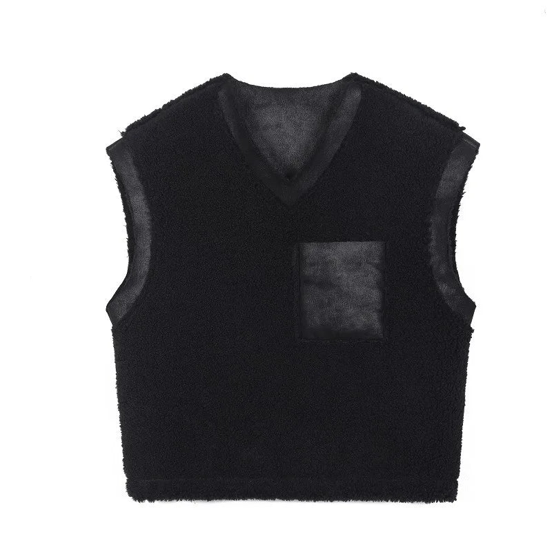 Voguable Fleece Vest Jacket Men Korean Black Leather Velvet Patchwork Fur Vest Coat Sleeveless Darkwear Autumn Winter Old Money voguable