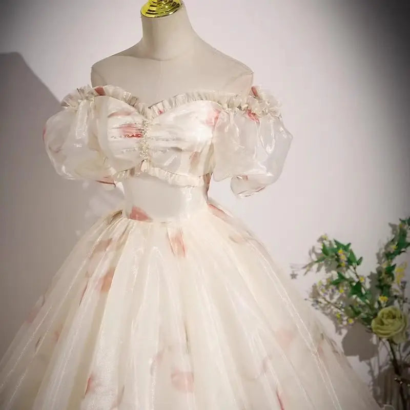 Champagne Off Shouder Strapless Elegant Evening Dress Fairy Sweet Stage Performance Princess Long Wedding Dresses for Women voguable