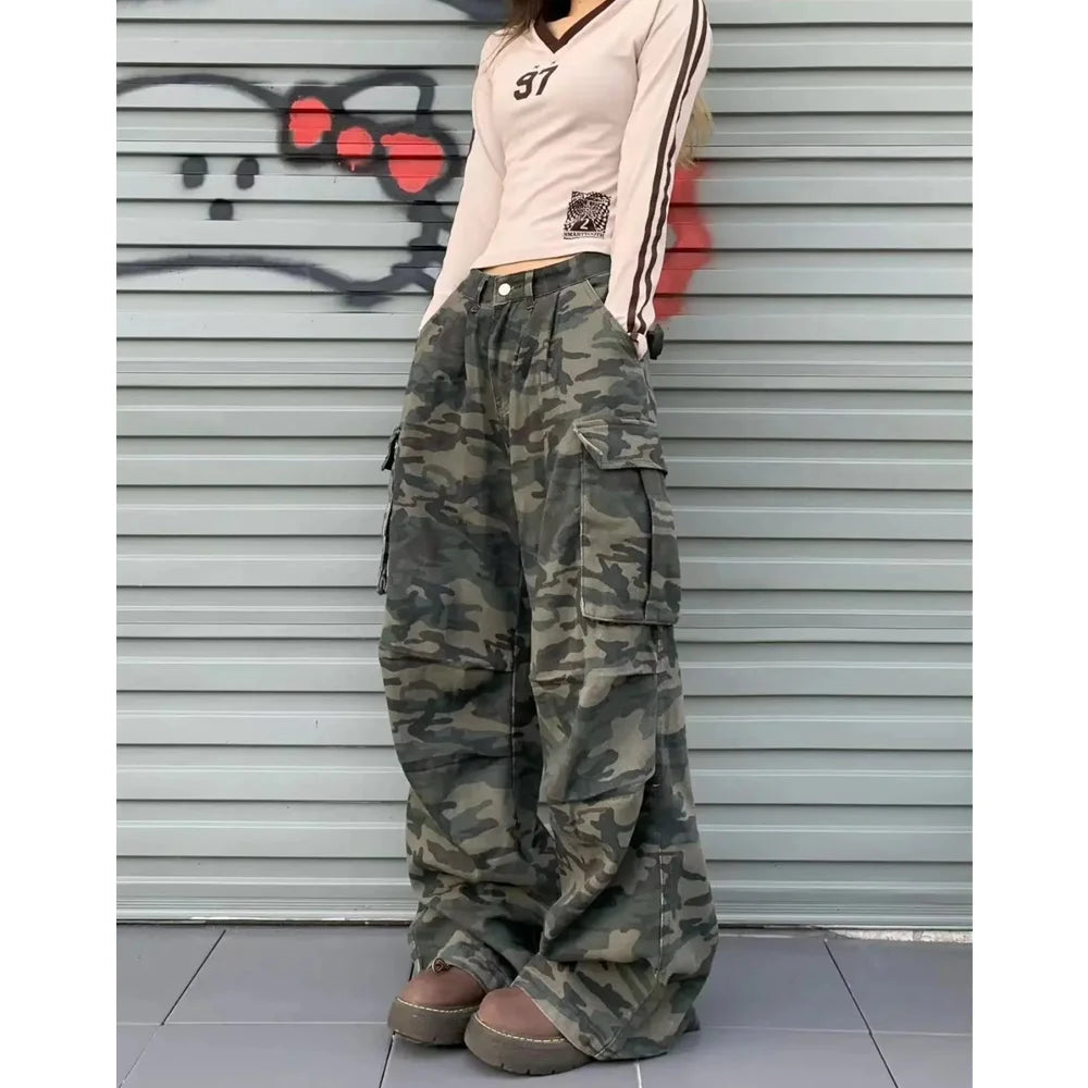 Camouflage Jeans Women Y2K Hip Hop Vintage High Waisted Jeans Straight Streetwear Casual Loose Large Size Wide Leg Denim Pants voguable