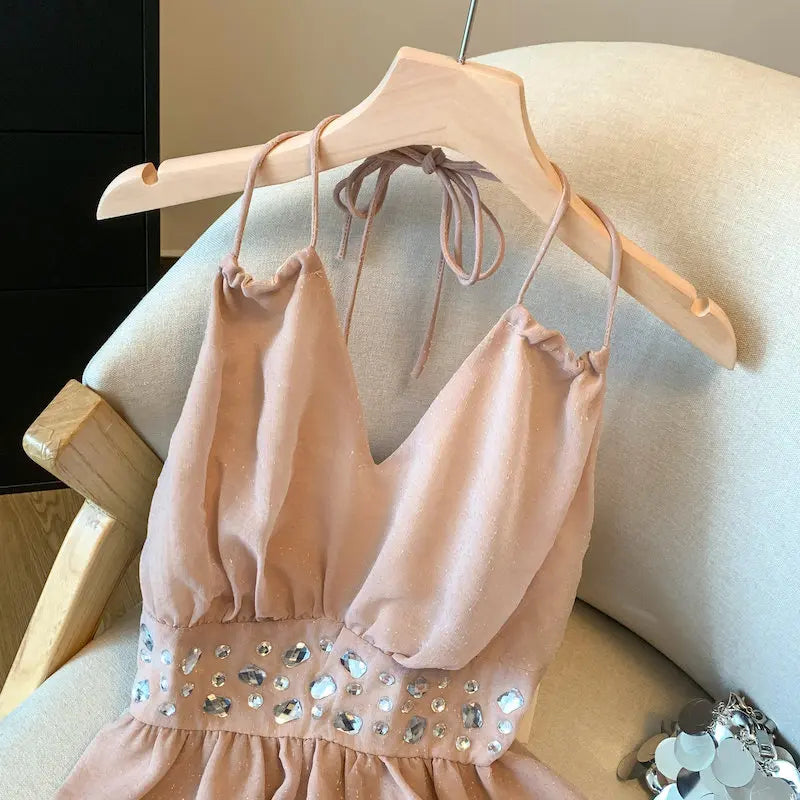Voguable  Sweet Hanging Neck Diamond Tops For Women Sexy Sleeveless Camisole Shirt Fashion Ruffles Pullovers Blouse voguable