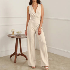 Women's Jumpsuits All Season Fashion Minimalist Plain Nipped Waists Sleeveless V-Neck Straight Office Lady Jumpsuits voguable