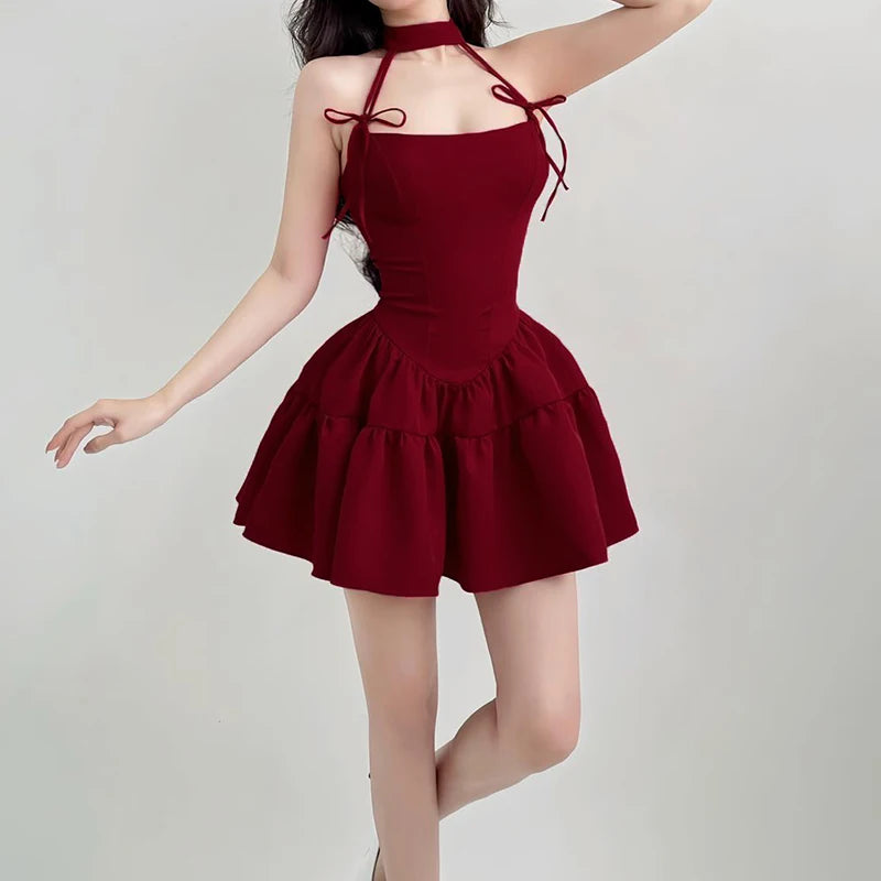 Voguable  Christmas Party A-line Sleeveless Dress Red Black Kawaii Bow Halter Ball Gown Princess Dresses Kawaii Lolita Korean voguable