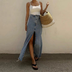 Voguable  Irregular Split High Waist Vintage Denim Button Autumn Long Skirts Slimming Mujer All-match Casual Skirt Streetwear Winter voguable