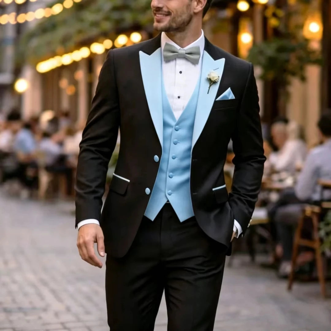 Voguable  Men Suit Black Ivory 3 Pieces Single Button With Lapel For Wedding Birthday Banquet Party Business Work Office Jacket Vest Pant voguable