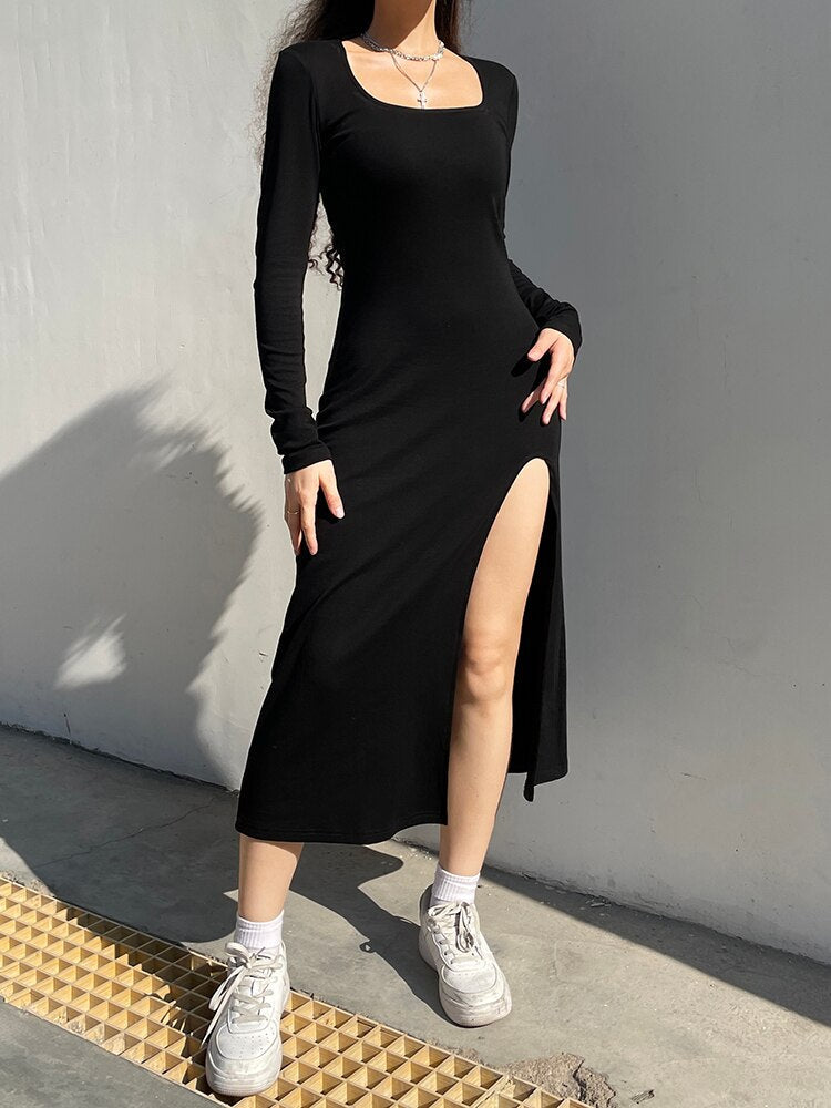 Black Long Velour Side Split Dress mysite