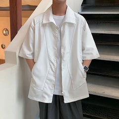 Voguable  Summer Bright Thread Splicing Short-sleeved Shirt for Men Double Zippered Cardigan voguable