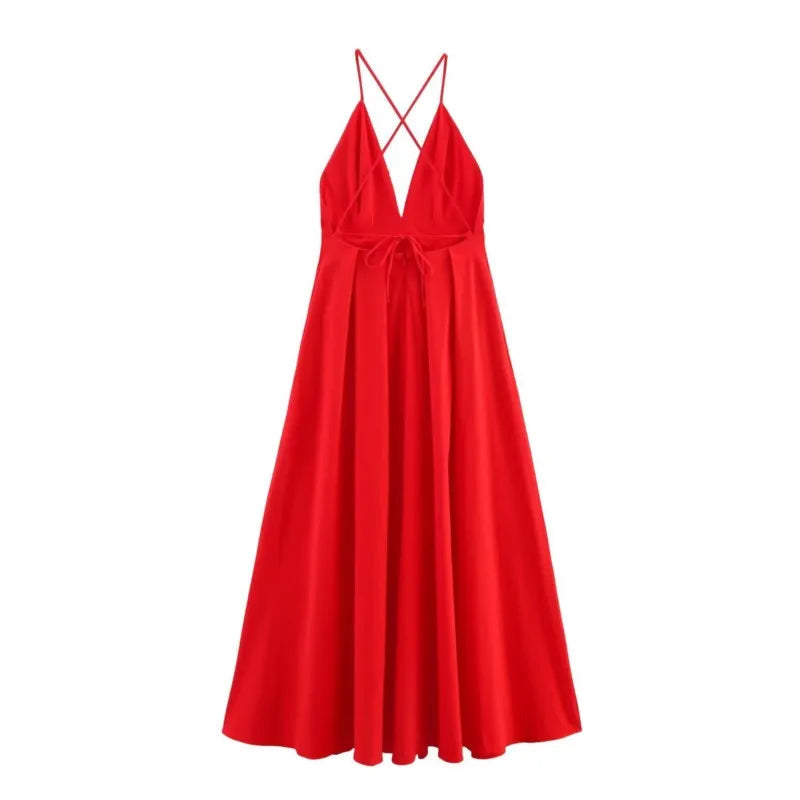 Red Backless Vacation Long Dress 2025 New Solid Color Sleeveless Beach Slip Dress Vestidos Fashion Chic Simple Woman Clothing voguable