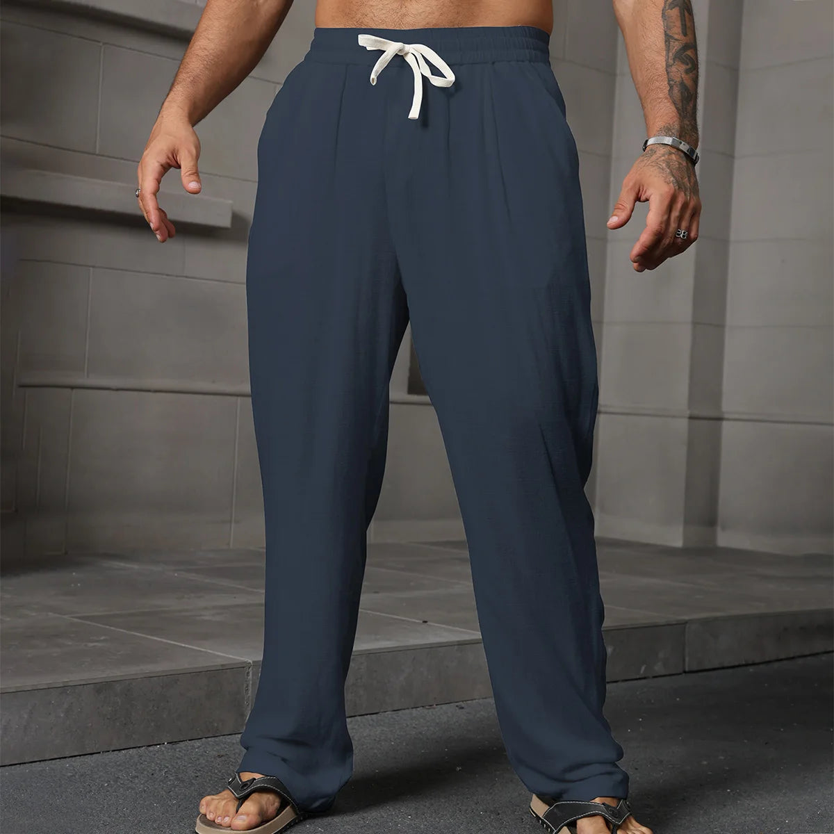 Voguable  Men's Cotton Linen Pants Summer Solid Color Breathable Linen Trousers Men Casual Elastic Waist Casual Pants Harajuku Trous Man voguable