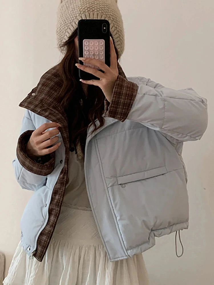 Winter Retro Puffy Parkas Women Warm Thick Plaid Patchwork Cute Coat Casual Preppy Style Korean Long Sleeve Cotton Jackets voguable