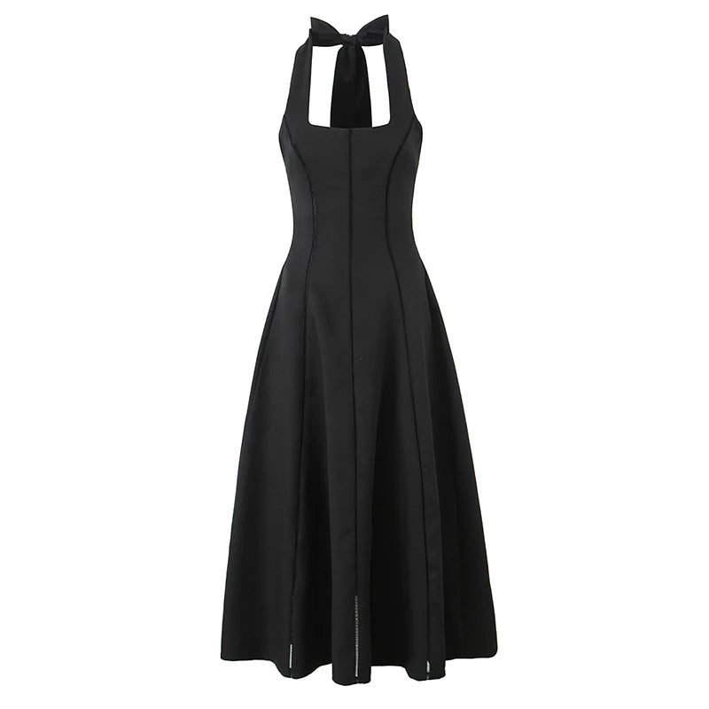 Vintage Elegant Black White Halter Midi Long Dresses Women A-line Slim Sexy Backless Dress Female Summer Party Robe voguable