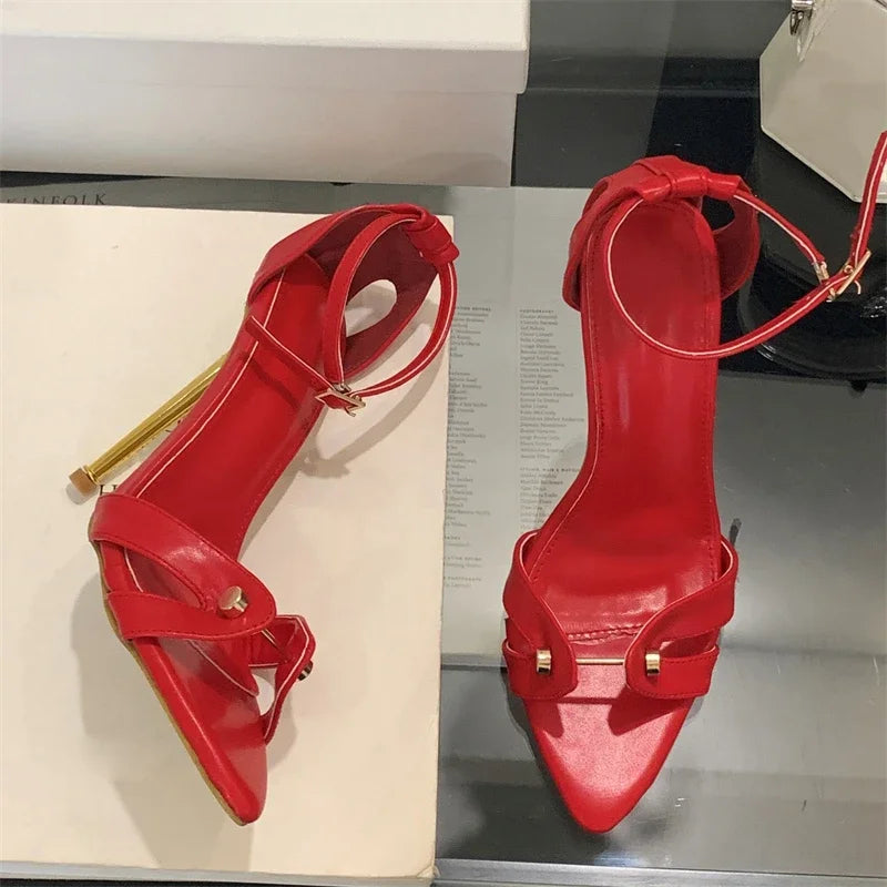 Voguable  Street Style Rivet Pointed Toe Women Sandals Fashion Summer Buckle Strap High Heels Party Prom Stripper Shoes voguable