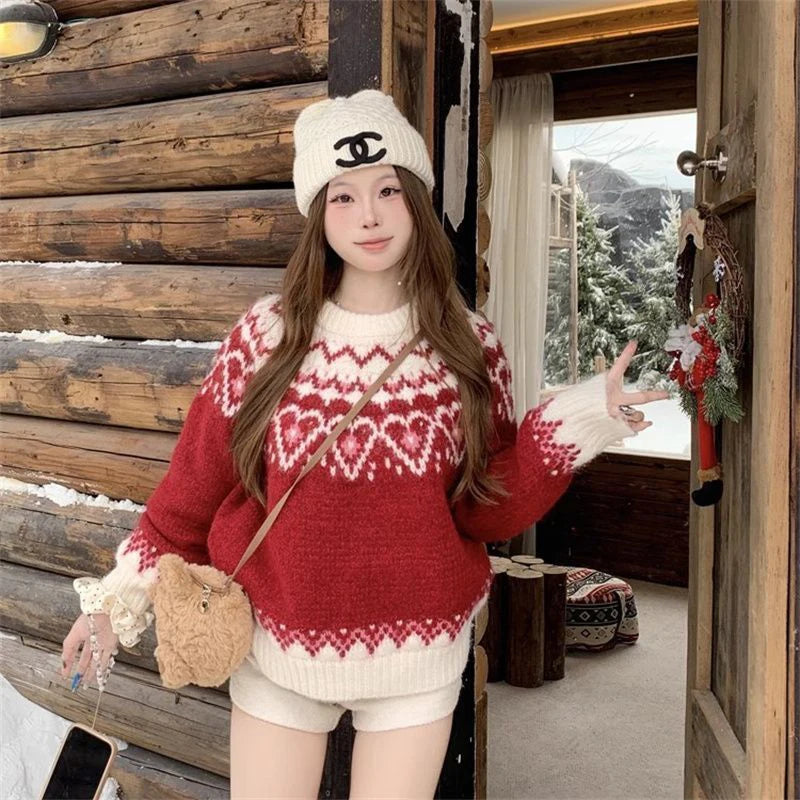 Women Retro Print Christmas Red Sweater O Neck Casual Long Sleeve Sweet Knitted Jumper Vintage Lazy Wind Loose Japan Cute Tops voguable