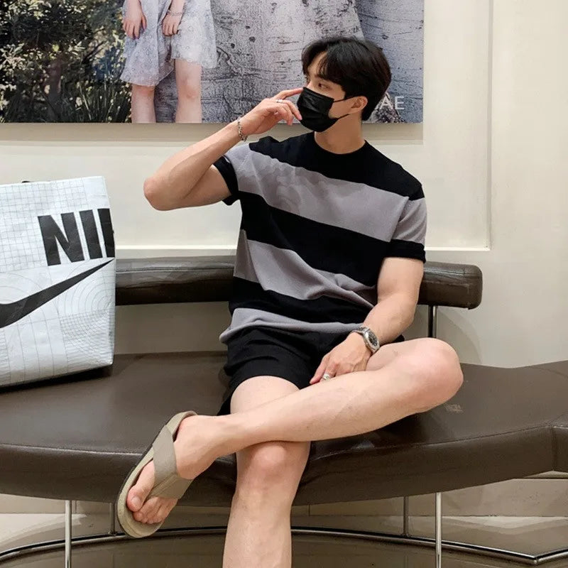 Men's Luxury Knitted Texture Striped T Shirt Casual Streetwear O Neck Button Short-Sleeved Tees Fashion Leisure Knitwear voguable