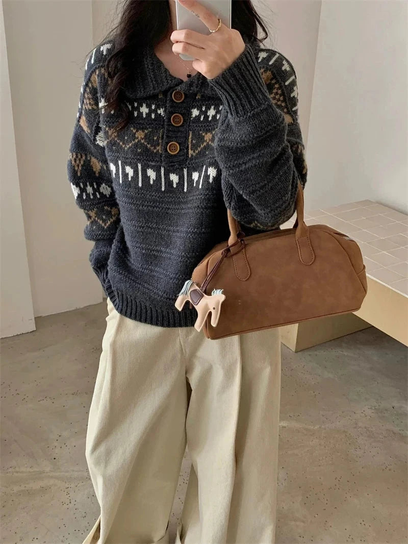 Retro Women Print Sweater Casual Korean Lazy Wind Sweet Knitted Jumpers Fall Winter Lady Long Sleeve Vintage Soft Pullover voguable