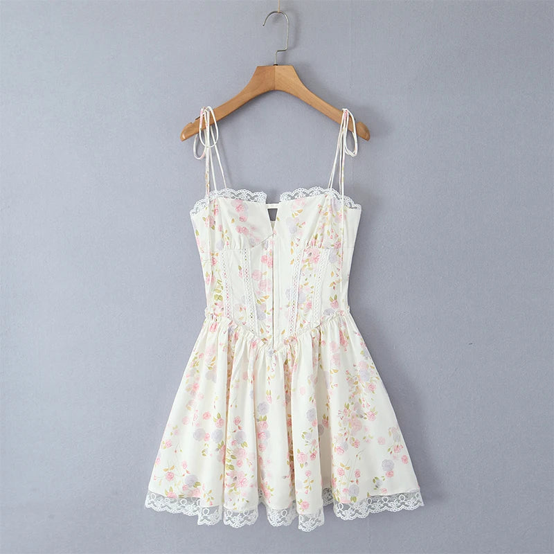 Sexy Elegant Women Lace Patchwork Floral Print Sling Mini Dress Low Waist A-line Summer Holiday Party Dresses Pretty Robe voguable