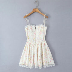 Sexy Elegant Women Lace Patchwork Floral Print Sling Mini Dress Low Waist A-line Summer Holiday Party Dresses Pretty Robe voguable