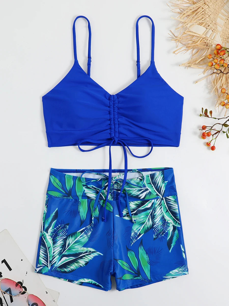 Voguable  Tropical Print Drawstring Bikini Women High Waist Swimsuit Tie Front Shorts Swimwear Female Bathing Suit Swimming Summer voguable