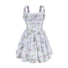 Floral Print Tank Mini Dress Women Lace Spliced O Neck Sleeveless A-line Holiday Casual Summer Dresses Party Robe voguable