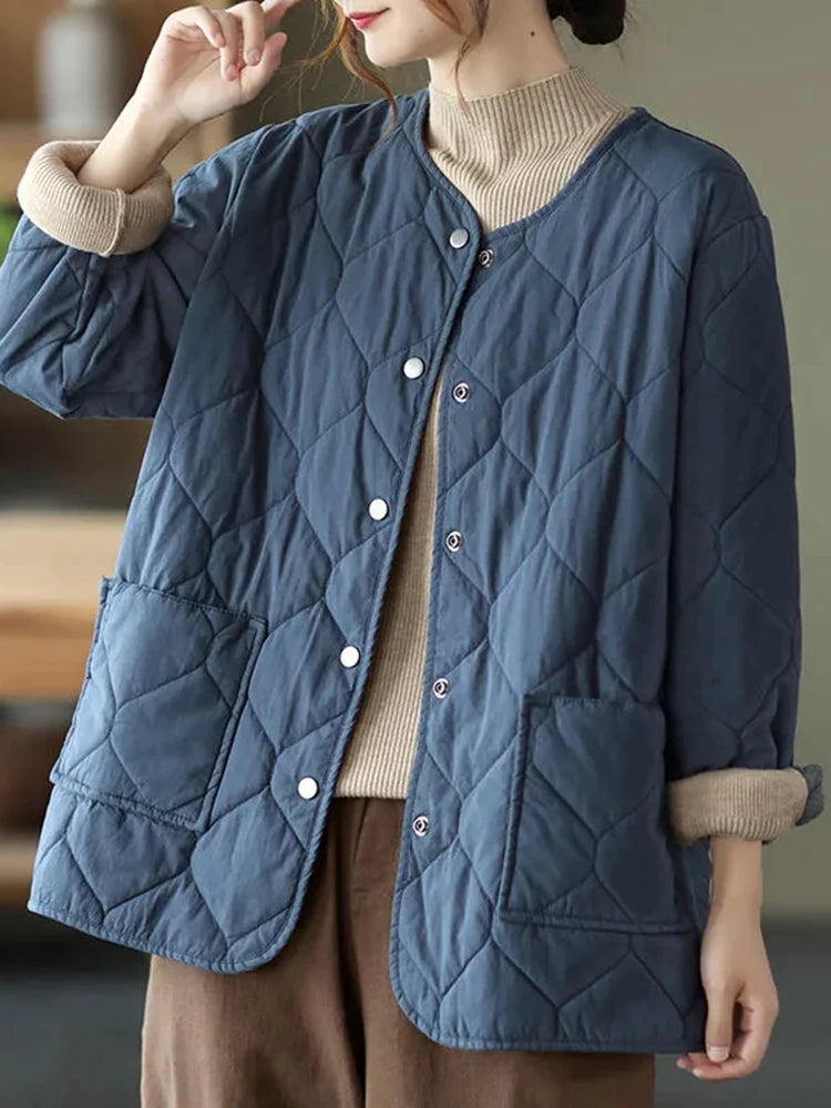 Voguable  Loose Women Short Jacket Cotton Padded Casual O Neck Mom Coats Fall Button Up Solid Thin Parkas Pockets New Korean Clothes voguable