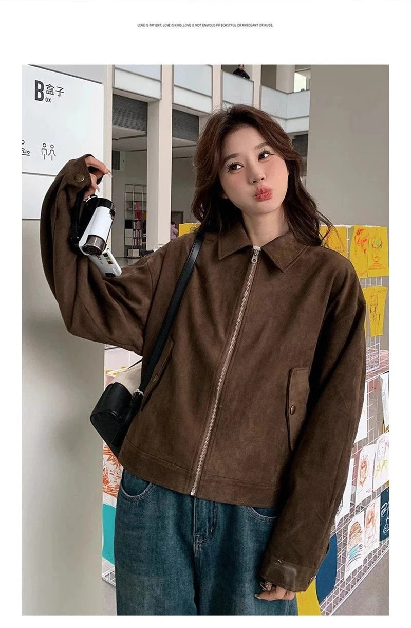 American Y2K Jacket Women Vintage Loose Faux Suede Long Sleeve Casual Coat Hip Hop Fall Winter Lady Streetwear New Outwear voguable