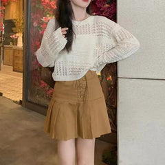 Long Sleeve Pointelle Knit Top Women Sheer Openwork Boxy-fit Crew Neck Pullovers Sweater Female Teen-girl Boho Vacation Outfit voguable