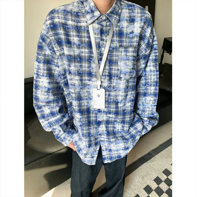 Tie Dye Long Sleeved Shirt Men Retro Plaid Shirt Men Japanese Streetwear Loose Casual Shirts Mens Fashion Shirts Large Size 5XL voguable