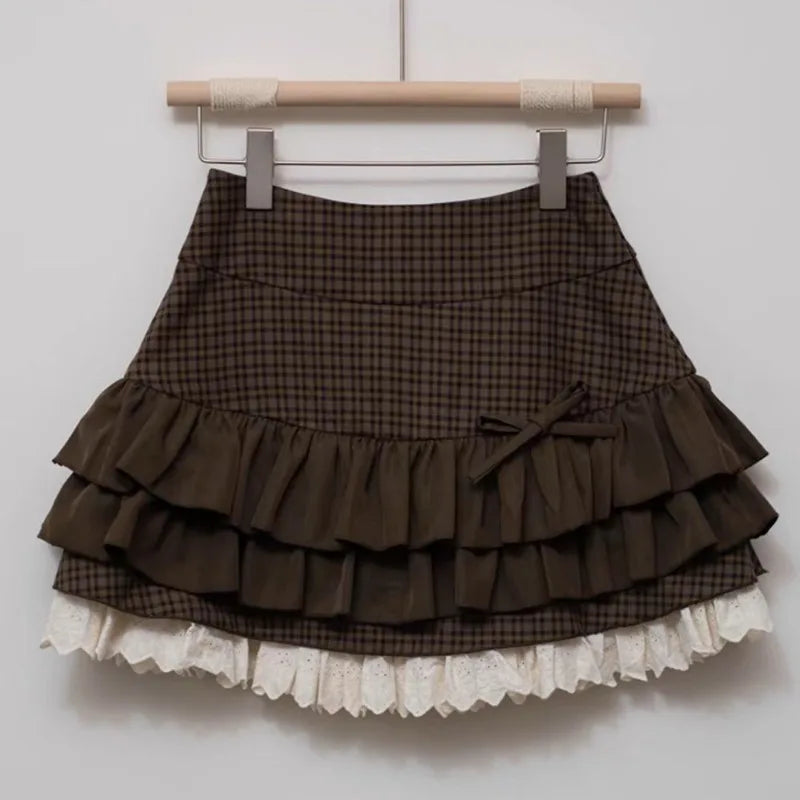 Brown Women Plaid Skirts Kawaii Lolita Sweet Mini Skirts Vintage Lace Patchwork Cute Fashion High Waist Layered Skirt voguable