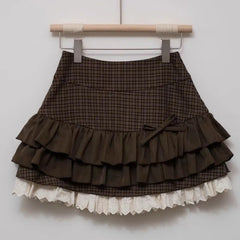 Brown Women Plaid Skirts Kawaii Lolita Sweet Mini Skirts Vintage Lace Patchwork Cute Fashion High Waist Layered Skirt voguable