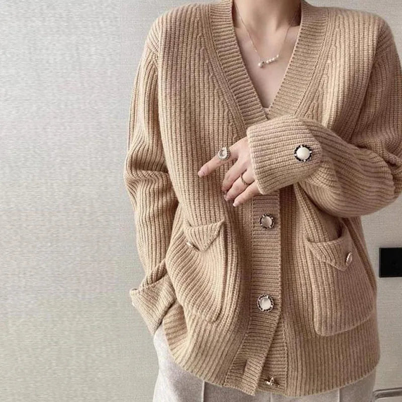 Voguable  Fashion Autumn Winter Button Solid Color Knitted Sweater Women Long Sleeve Cardigan  Loose Elegant Korean Clothing voguable
