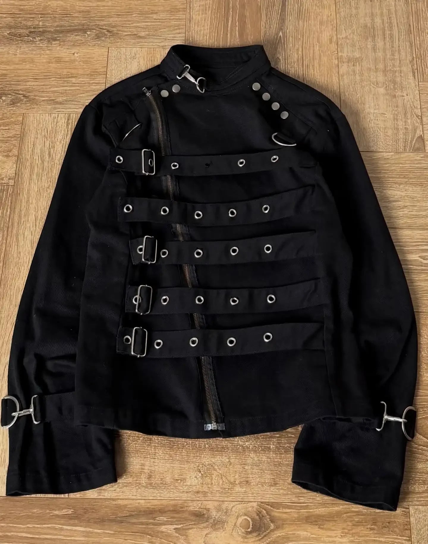 Voguable  Women's Gothic Jacket Retro Washed Canvas Stand Collar Frog Button Y2K Punk Street Coat voguable